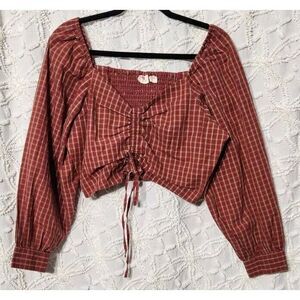 Levi's Cropped Plaid Peasant Top Womens L‎ Red Puff Sleeve Cottage Tie Front